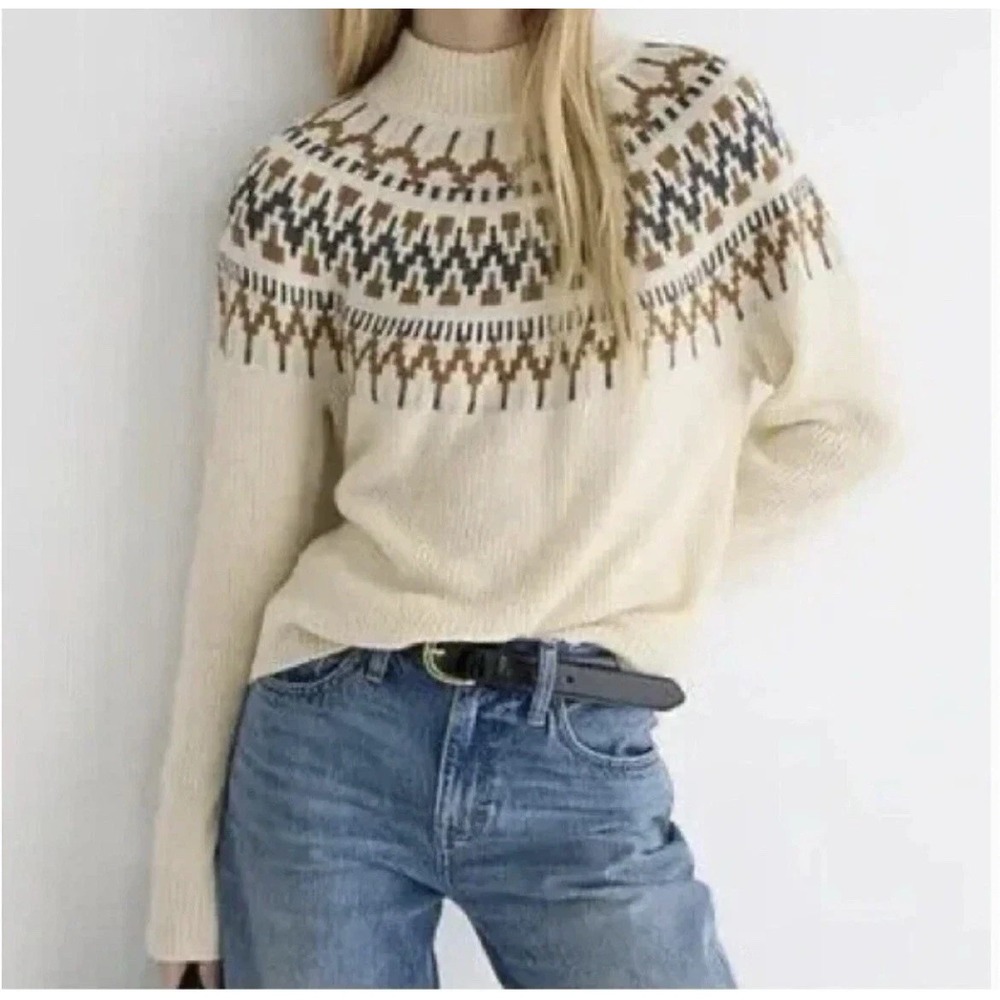J. Crew Fair Isle Mockneck Pullover‎ Sweater Neutral Cream Tan Wool Blend MED.